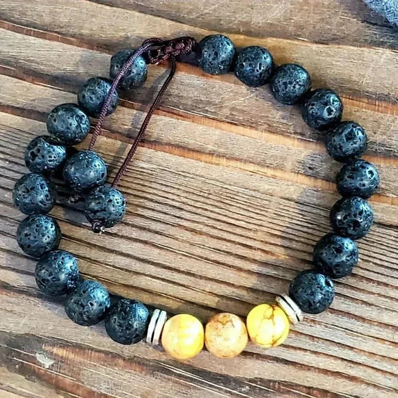 Hand Crafted Chakra Bracelet Yellow Aqua Terra Jasper Black Lava - Picture 7 of 8